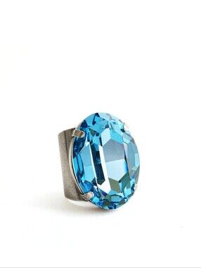 Aquamarine Austrian Crystal Statement Ring - Silver - Adjustable
